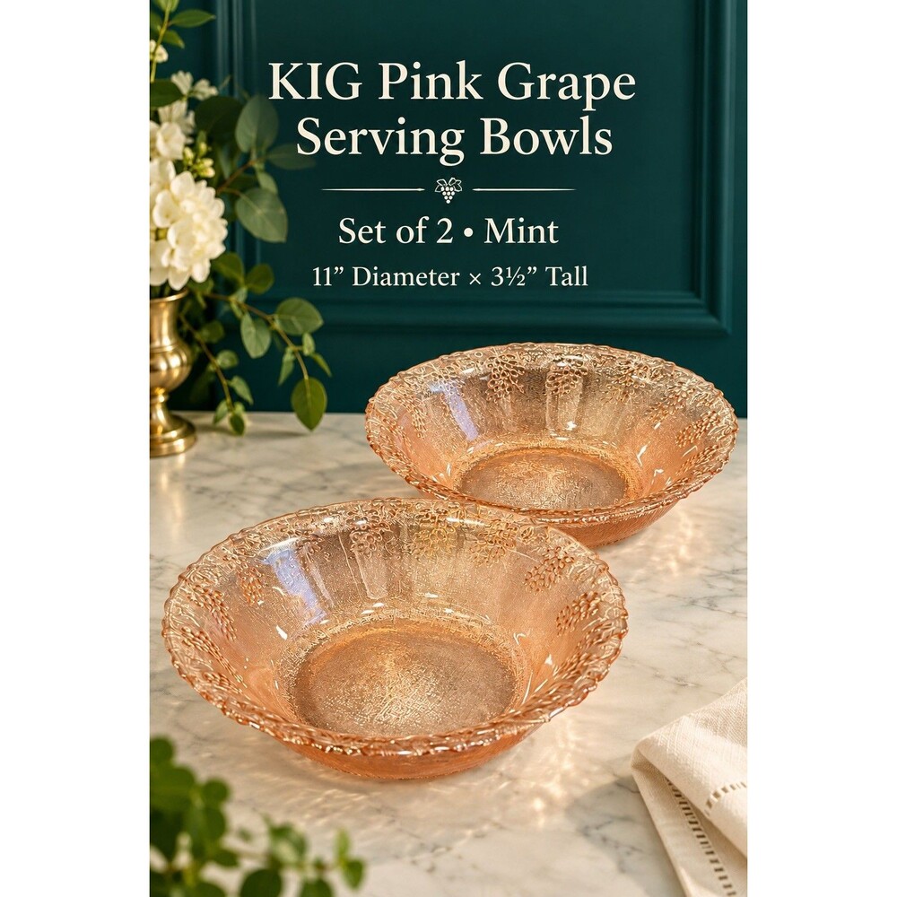Vintage KIG Pink Glass Grape Serving Bowls Set of 2 11” Indonesia Mint
